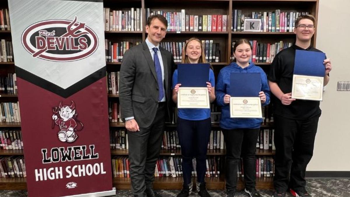 Congressman Mrvan with the winners of the 2024 Congressional App Challenge at Lowell High School.
