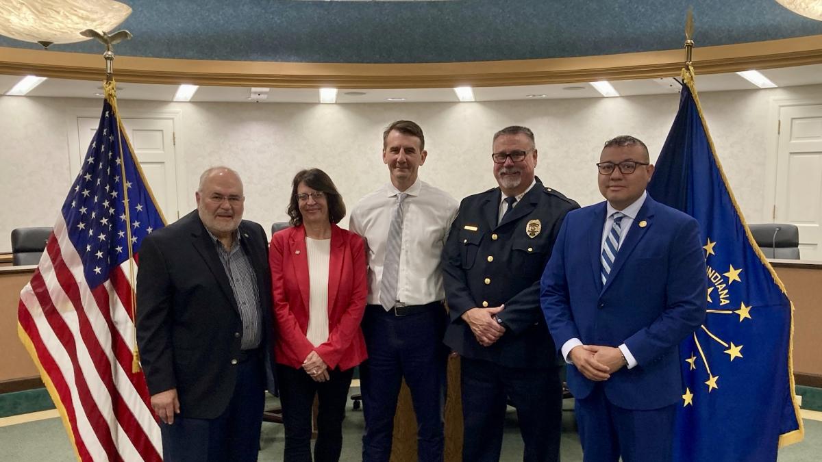 Congressman Mrvan and leaders of the Town of Munster celebrate federal Community Project Funding for the Munster Police Department.